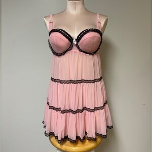 La SENZA Pink Babydoll Chemise with Black Lace Trim